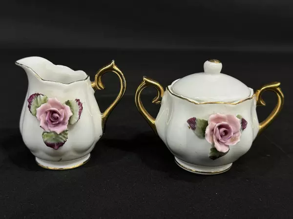 Vintage Miniature Porcelain Creamer & Sugar Bowl Set Japan Floral Rose Trim