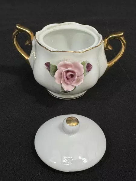 Vintage Miniature Porcelain Creamer & Sugar Bowl Set Japan Floral Rose Trim