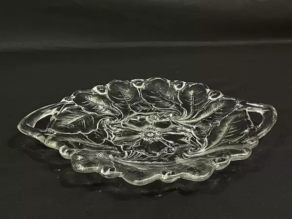 Embossed Glass Tray with Handles Flower & Leaf Design 12.5"x10"