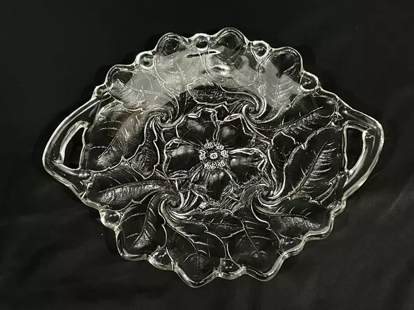 Embossed Glass Tray with Handles Flower & Leaf Design 12.5"x10"