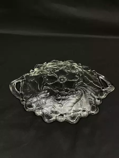 Embossed Glass Tray with Handles Flower & Leaf Design 12.5"x10"