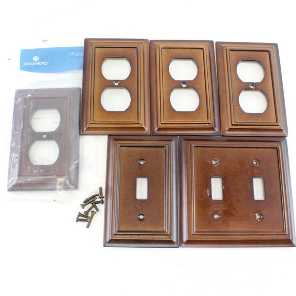 Lot of 6 Mixed Wood Look Wall Switch & Outlet Covers 2 Single 1 Double 4 Outlet