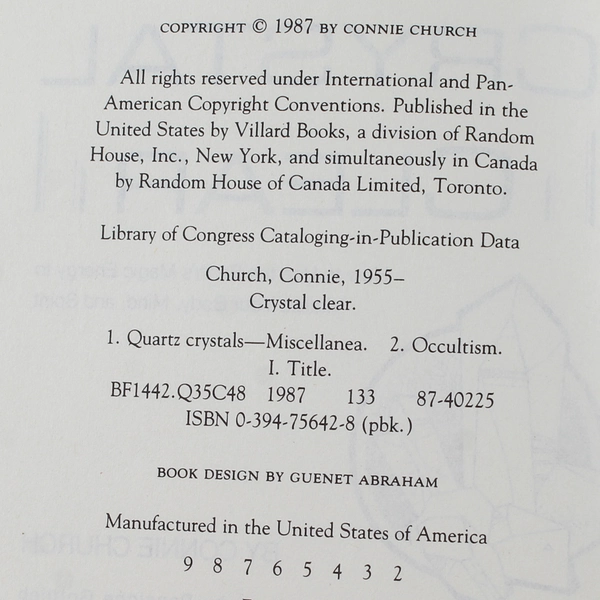 Crystal Clear by Connie Church 1987 Villard Books Metaphysical Energy Book