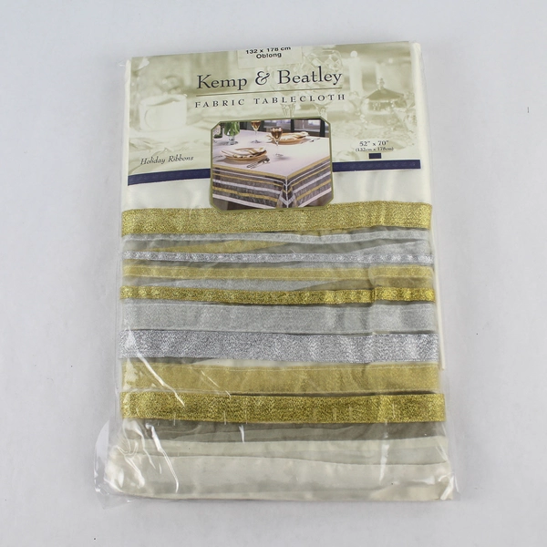 Kemp and Beatley Fabric Tablecloth Holiday Ribbons 52 by 70 Inch Oblong Sealed