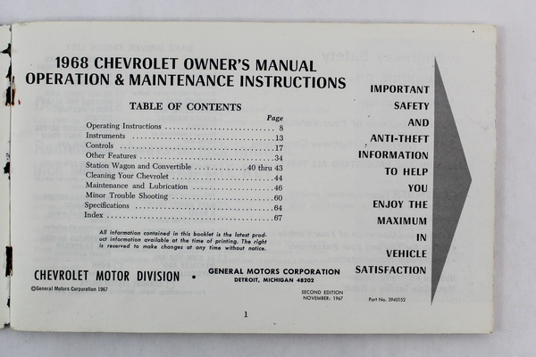 1968 Chevrolet Owner's Manual Original Maintenance Guide Pre-owned Vintage
