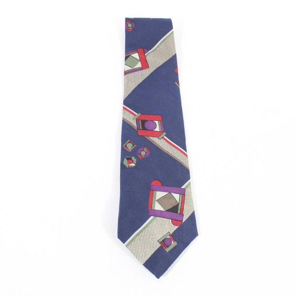 Bugatti Men's Neck Tie Navy Blue Red 100% Italian Silk Pointed Geometric Work