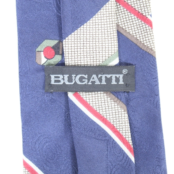 Bugatti Men's Neck Tie Navy Blue Red 100% Italian Silk Pointed Geometric Work