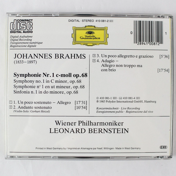 Brahms Wiener Philharmoniker Symphony No. 1 1983 Audio CD Deutsche Grammophon