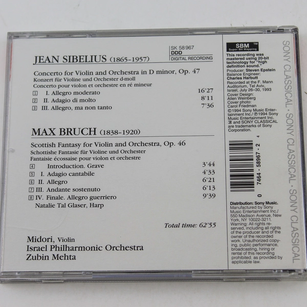 Sibelius Bruch Midori Zubin Mehta Israel Philharmonic Orchestra CD 1994 Sony 