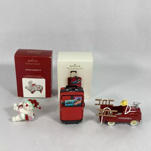 Three Hallmark Keepsake Ornaments Murray Fire Truck Great Getaways Snow Sweetie