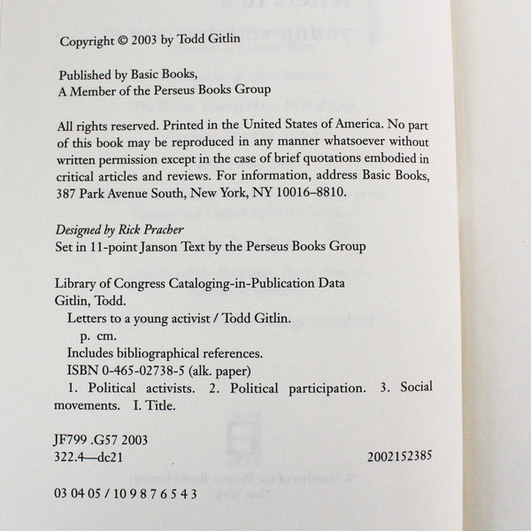 Letters to a Young Activist by Todd Gitlin 2003 Hardcover