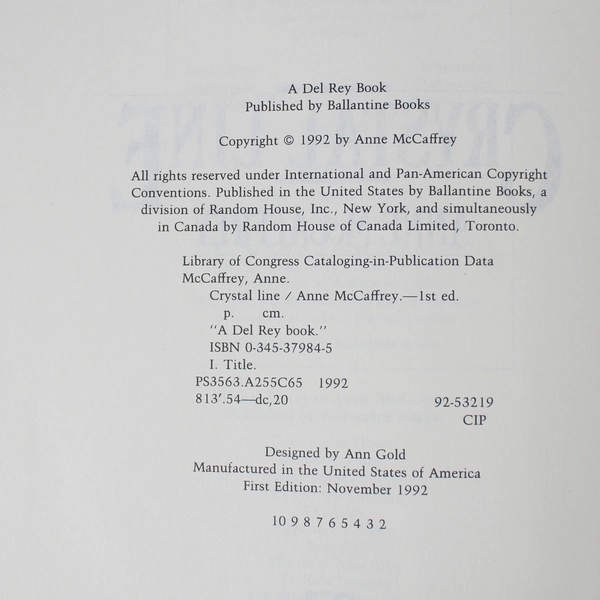 Crystal Line by Anne McCaffrey 1992 Hardcover Book 1st Edition Ballantine Books 