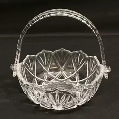 Vintage Glass Basket With Attached Acrylic Handle Fan Pattern