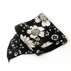 Women's Skinny Scarf Black and White Floral Pattern with Silvery Bands 7x46.5 in