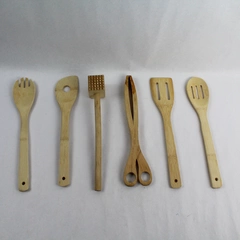 Lot of 6 Light Natural Wood Kitchen Utensils Tongs Tenderizer & More