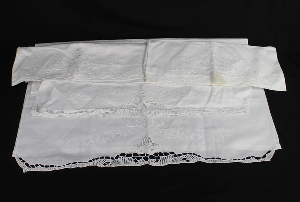 Lot of 2 White Embroidered Lace Curtains & 2 Pillowcases for Fabric Cutters