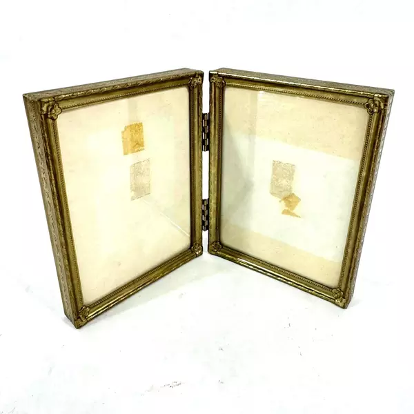 Gold Brass Toned Ornate Bi Fold Dual Photo Frame Holds 2 Pictures 4 x 3 Inch