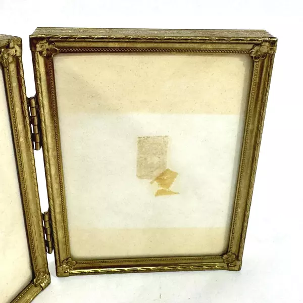 Gold Brass Toned Ornate Bi Fold Dual Photo Frame Holds 2 Pictures 4 x 3 Inch