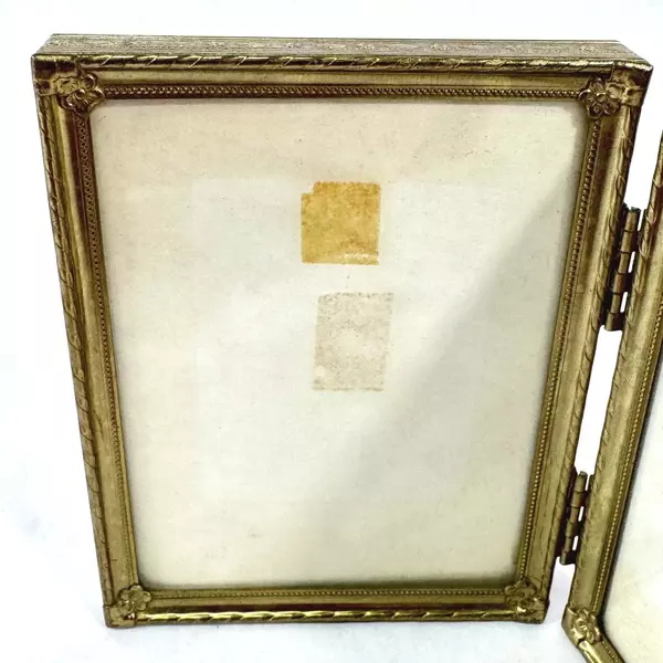 Gold Brass Toned Ornate Bi Fold Dual Photo Frame Holds 2 Pictures 4 x 3 Inch