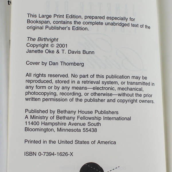 The Birthright Janette Oke & T. Davis Bunn 2001 Bethany House Large Print