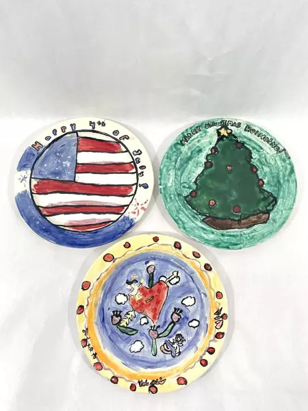 Lot of 5 Hand-Painted Holiday Plates for Kids Pumpkin Turkey Flag Tree