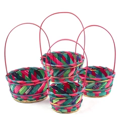 Lot of 4 Round Easter Baskets Nesting Wicker in Pink Purple & Green Handles