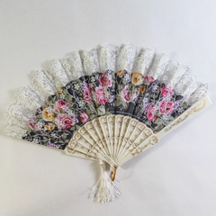 Floral Asian Folding Hand Held Fan Plastic & Cloth Good Condition 9"x14"