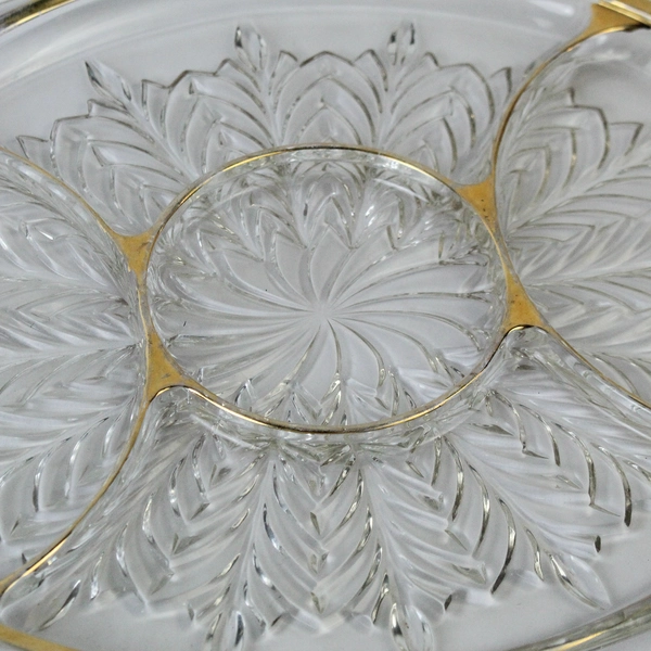 Vintage Jeannette Glass Feather 5 Section Relish Dish Tray Gold Trim Handles