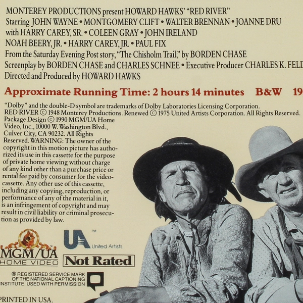 Red River VHS 1990 MGM UA Restored Director's Cut John Wayne Black and White