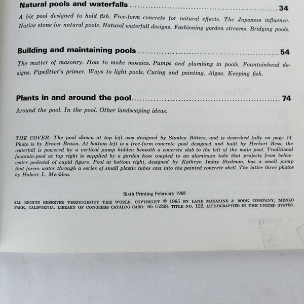 Sunset Garden Pools Fountains and Waterfalls Lane Book Company 1968 PB