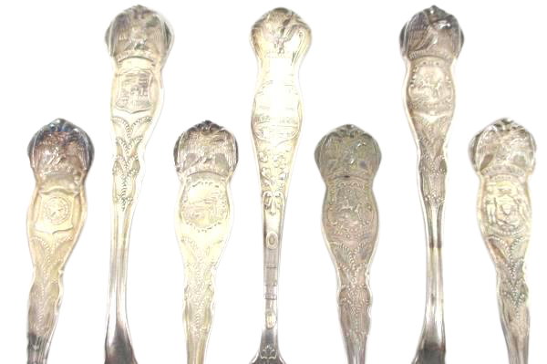 Lot 8 Souvenir Silver Plate Spoons Ohio Iowa Texas Indiana Minnesota Wisconsin