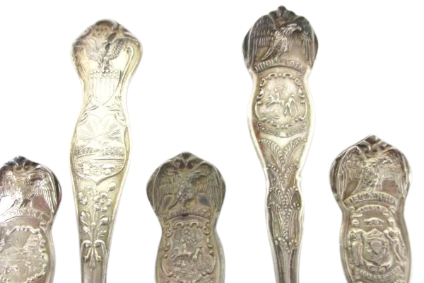 Lot 8 Souvenir Silver Plate Spoons Ohio Iowa Texas Indiana Minnesota Wisconsin