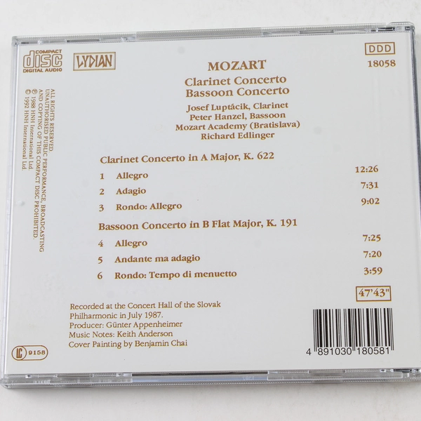 Mozart Clarinet and Bassoon Concerto Music CD 1992 HNH International