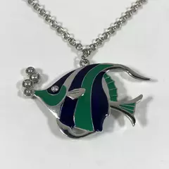 Women's Blue And Green Enamel Tropical Fish Pendant Necklace With 36 Inch Chain