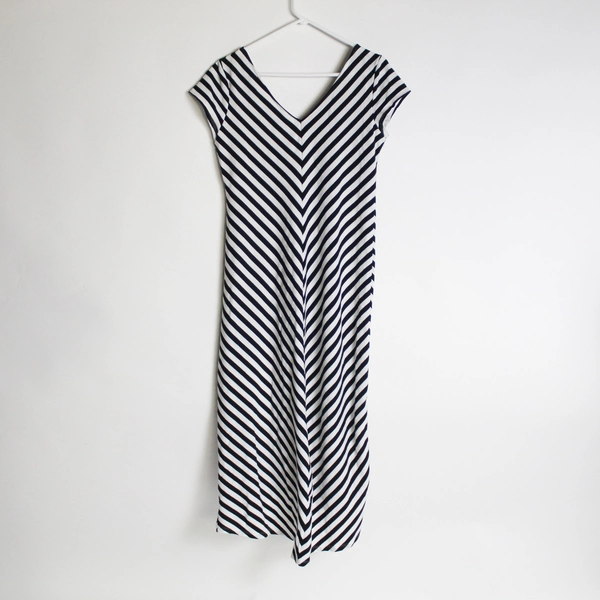 Emma & Michele Women's Black White Striped V Neck Short Sleeve Midi Dress Sz L