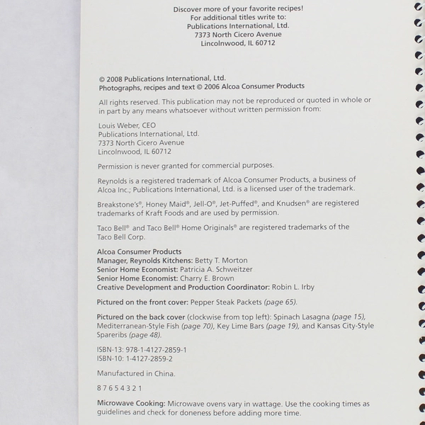 Reynold's Cooking With Foil 2008 Publications International Spiral Bound PB