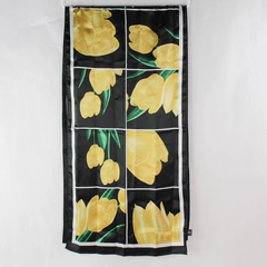 Robin Ruth Black and Yellow Tulip Design Women's Silk Scarf 16x64"