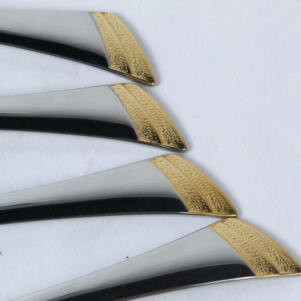 Lot of 4 Oneida Stainless Golden Stanza Teaspoons Glossy Flatware Gold Accent