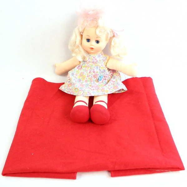 Vintage Push Baby Doll with Red Fleece Blanket Blonde Hair Blinking Eyes