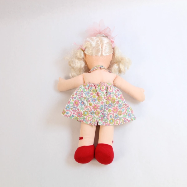 Vintage Push Baby Doll with Red Fleece Blanket Blonde Hair Blinking Eyes