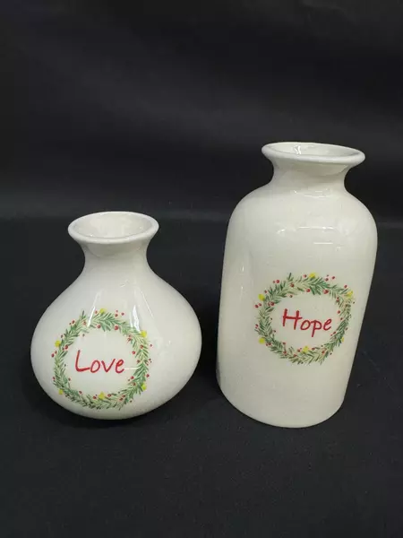Christmas 3 Piece Vase And Artificial Flower Set Merry Love Hope Small Med Large