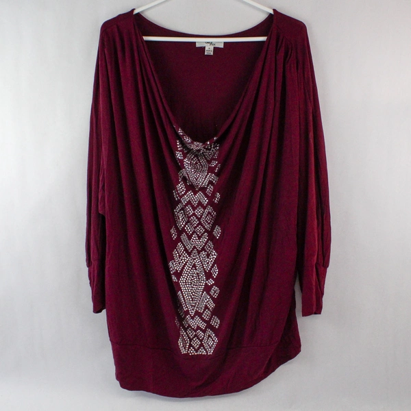 One 7 Six Shirt Top Women's Plus Size 1X Plum Purple Boat Neck Studded Accent