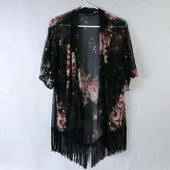 Paperoc Intimate Cardigan Women's Size M Black Floral Open Front Fringe Sheer