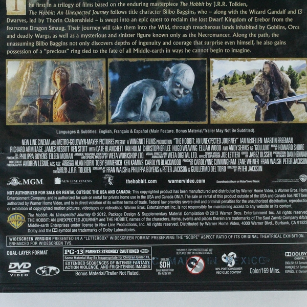 The Hobbit An Unexpected Journey DVD 2-Disc Set 2012 Warner Bros MGM