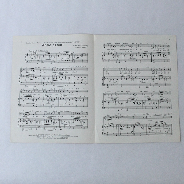 Vintage Sheet Music Where Is Love From The Movie Oliver by Lionel Bart 1968