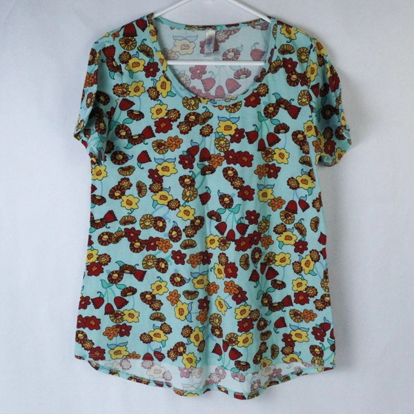 LulaRoe Women's Shirt Size Small Blue Red Yellow Floral Short Sleeves