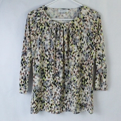 Liz Claiborne Shirt Top Women's Size M Gray Pink Long Sleeves Keyhole Neckline