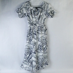Sweet Rain Women's Dress Size L White Gray Leaves Short Sleeves Elastic Waist