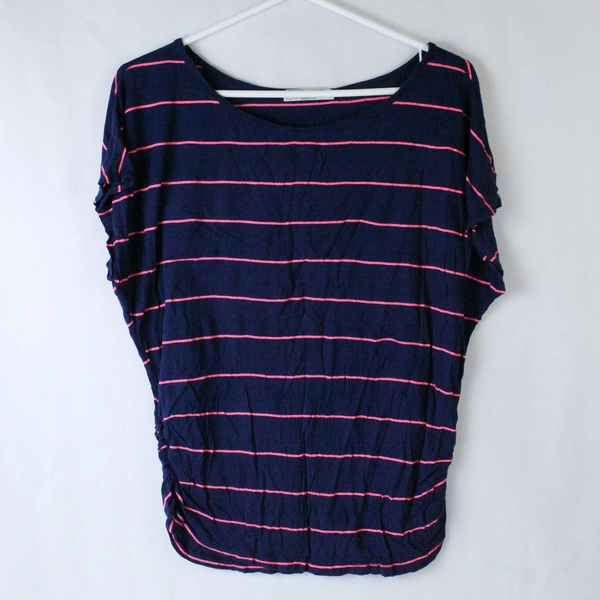 Chris and Carol Shirt Top Women's Size XL Navy Blue Pink Stripes Short Sleeves
