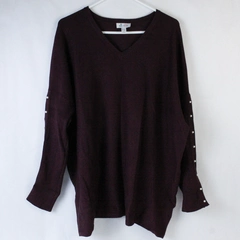 D & Co Sweater Women's Plus Size 1X Burgundy Faux Pearl Accent Long Sleeves